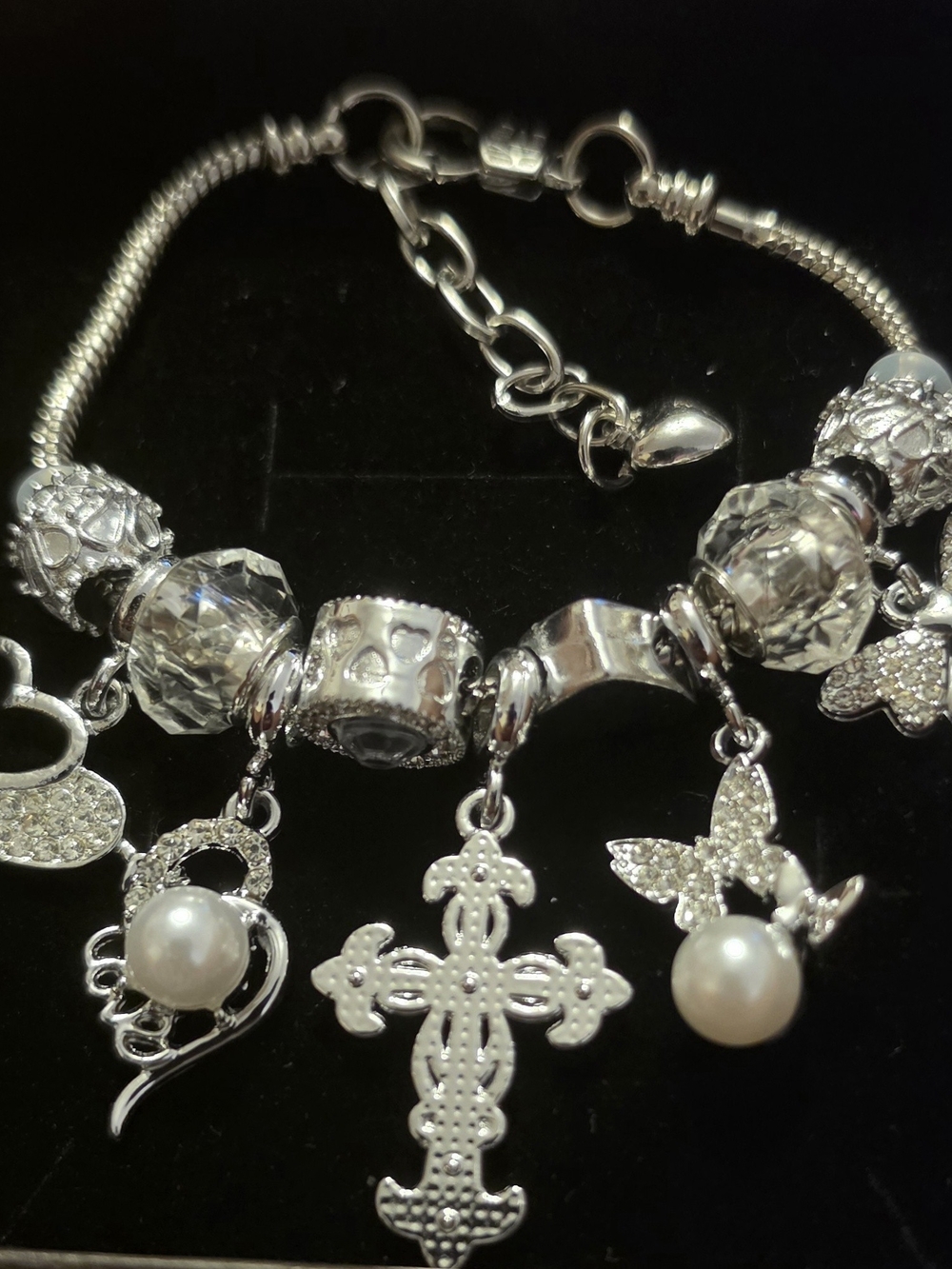 Silver Pearl Charm Bracelet with Cross and Butterfly Charms